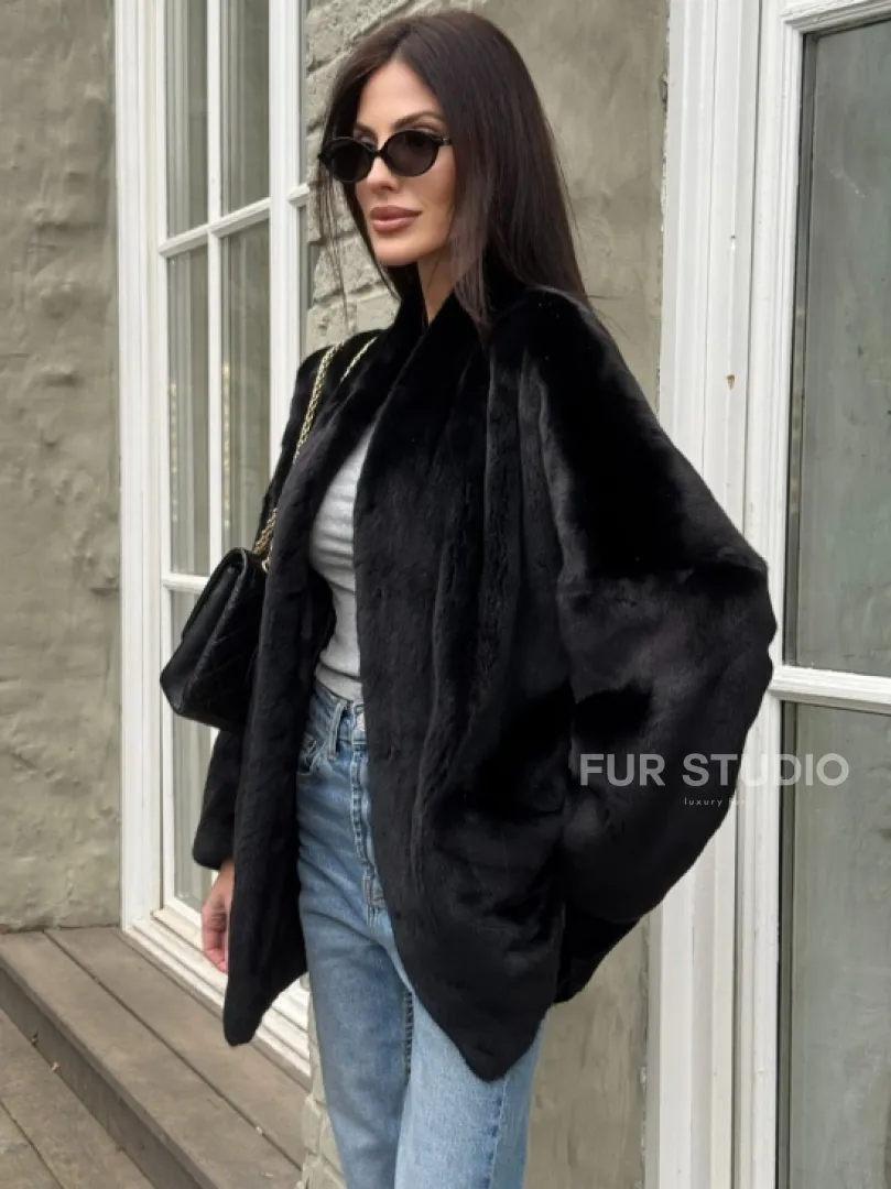 Жакет - шуба из норки BLACKGLAMA с V-образным воротником, косыми карманами
