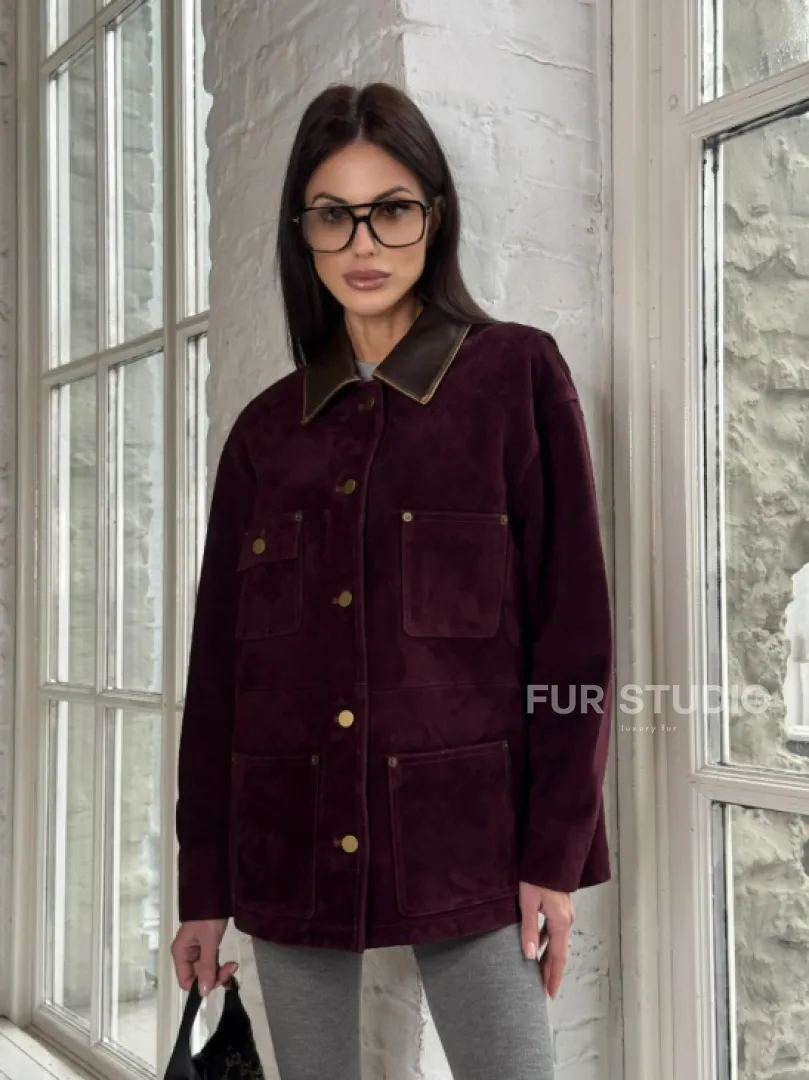 Куртка в «рабочем стиле» из замши Burgundy с отложным воротником, весна-лето 2025