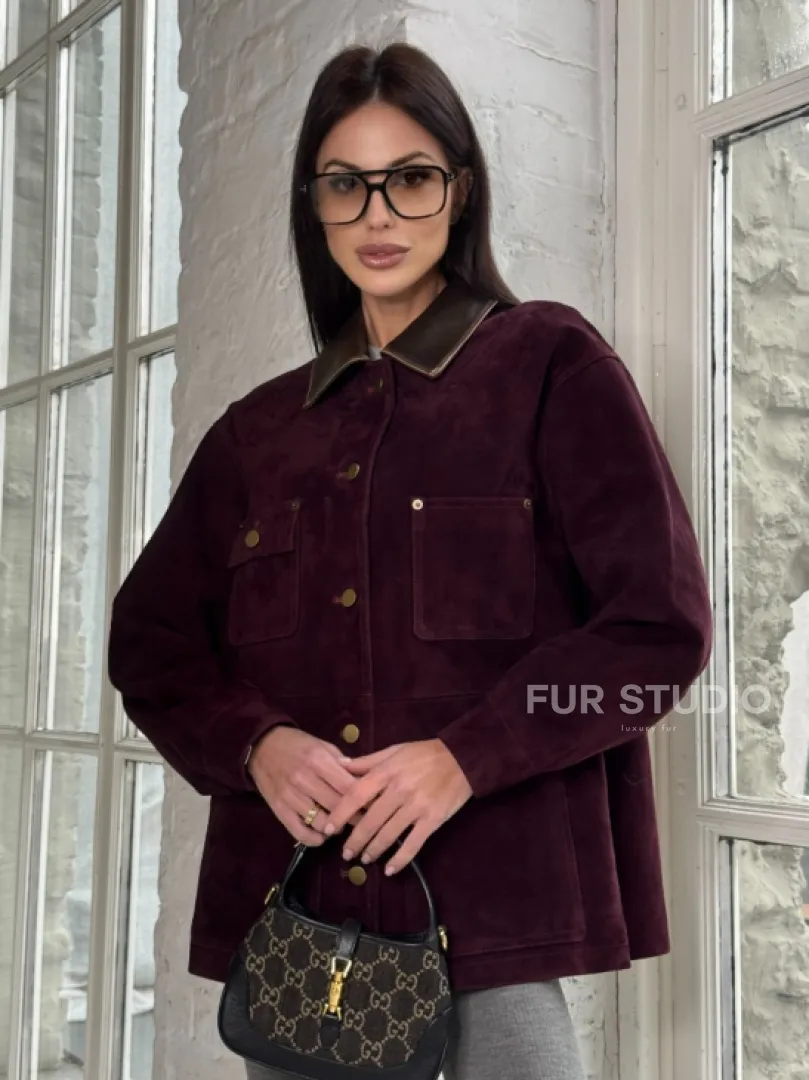 Куртка в «рабочем стиле» из замши Burgundy с отложным воротником, весна-лето 2025