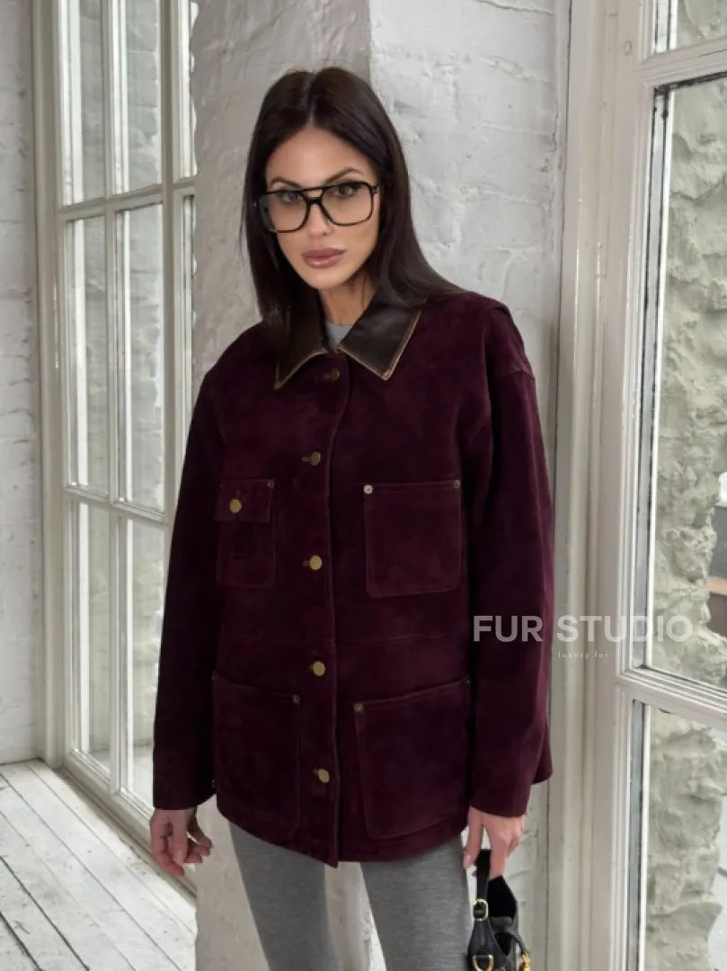 Куртка в «рабочем стиле» из замши Burgundy с отложным воротником, весна-лето 2025