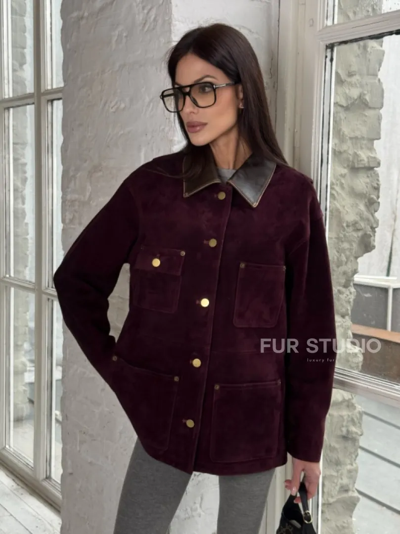 Куртка в «рабочем стиле» из замши Burgundy с отложным воротником, весна-лето 2025