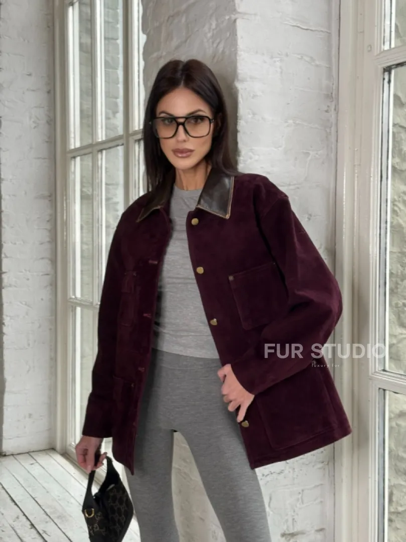 Куртка в «рабочем стиле» из замши Burgundy с отложным воротником, весна-лето 2025