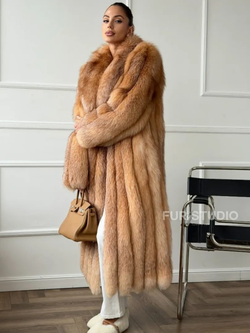 Длинная шуба из меха лисы Vintage gold с шалевым воротником