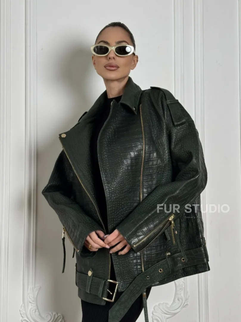 Куртка - косуха из натуральной кожи «CROCO» Dark green