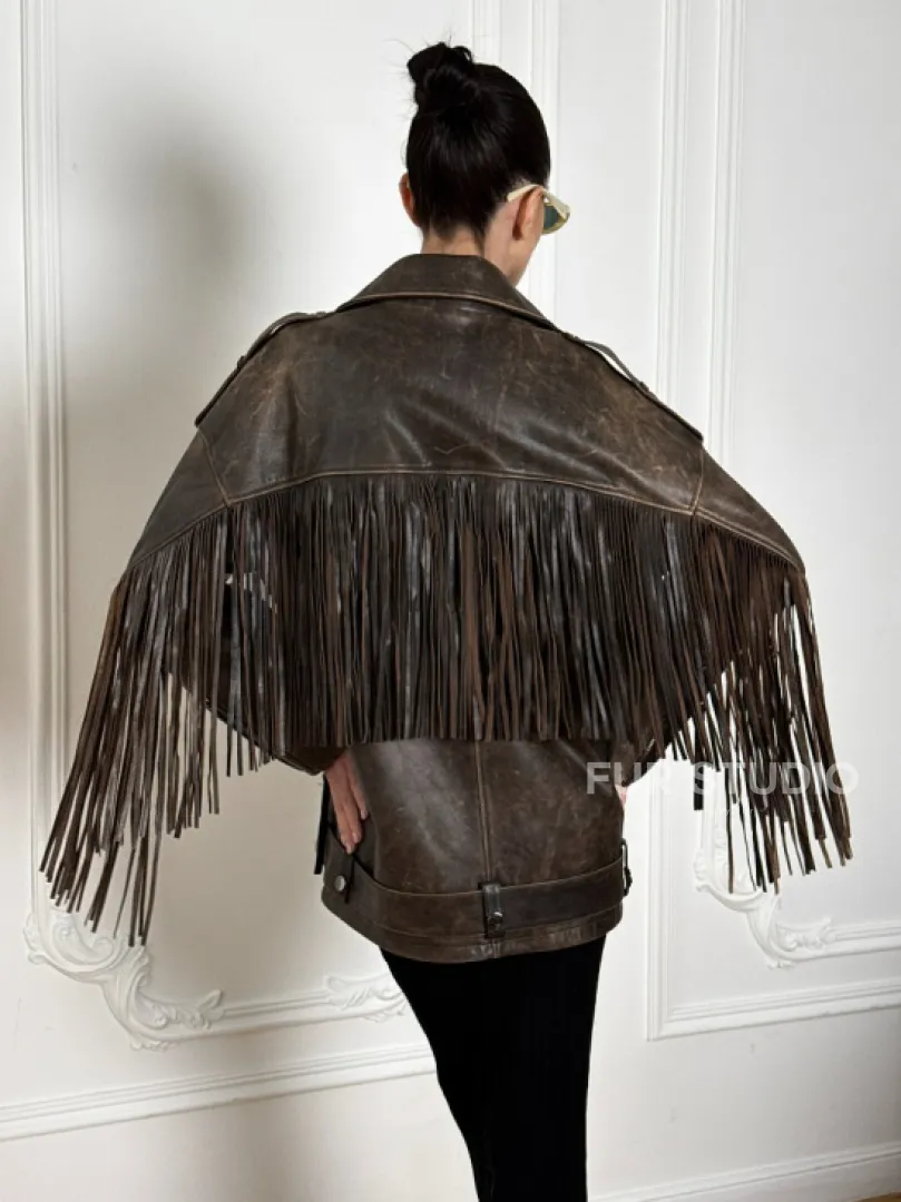 Косуха Vintage brown с кожаной бахромой на спине