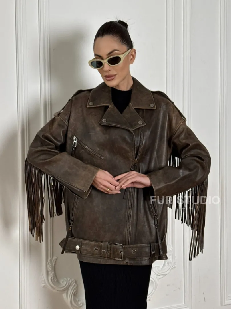 Косуха Vintage brown с кожаной бахромой на спине