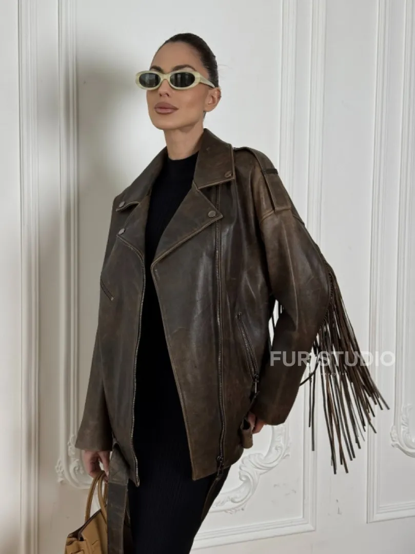 Косуха Vintage brown с кожаной бахромой на спине