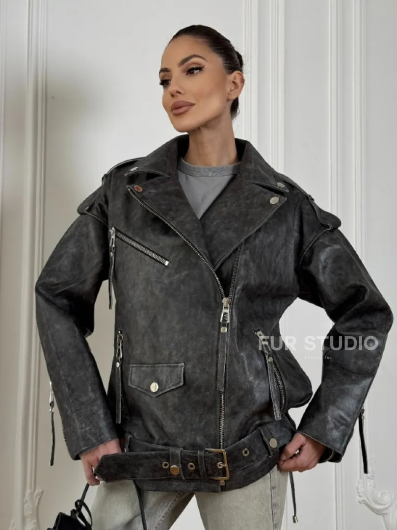 Женская кожаная куртка авиатор со шнуровкой на спине Dark grey