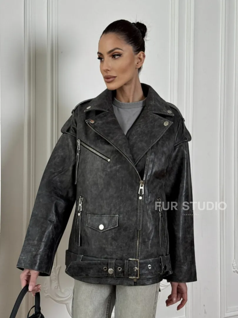 Женская кожаная куртка авиатор со шнуровкой на спине Dark grey