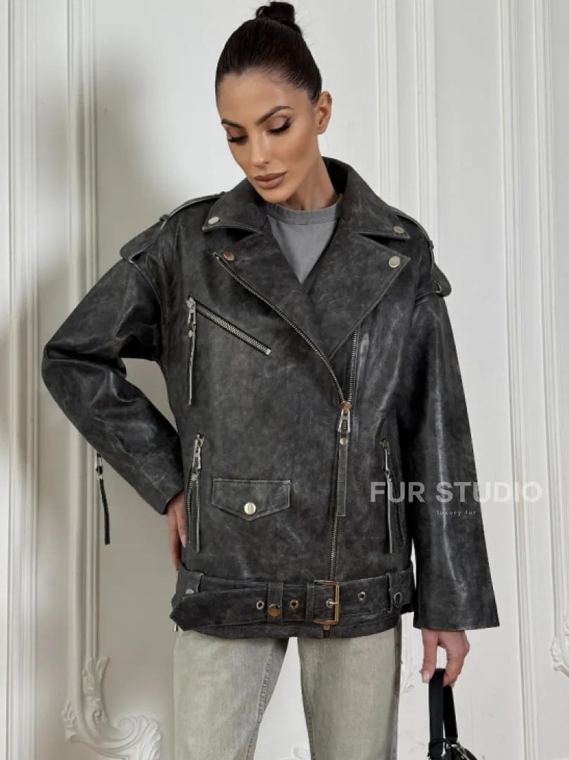 Женская кожаная куртка авиатор со шнуровкой на спине Dark grey