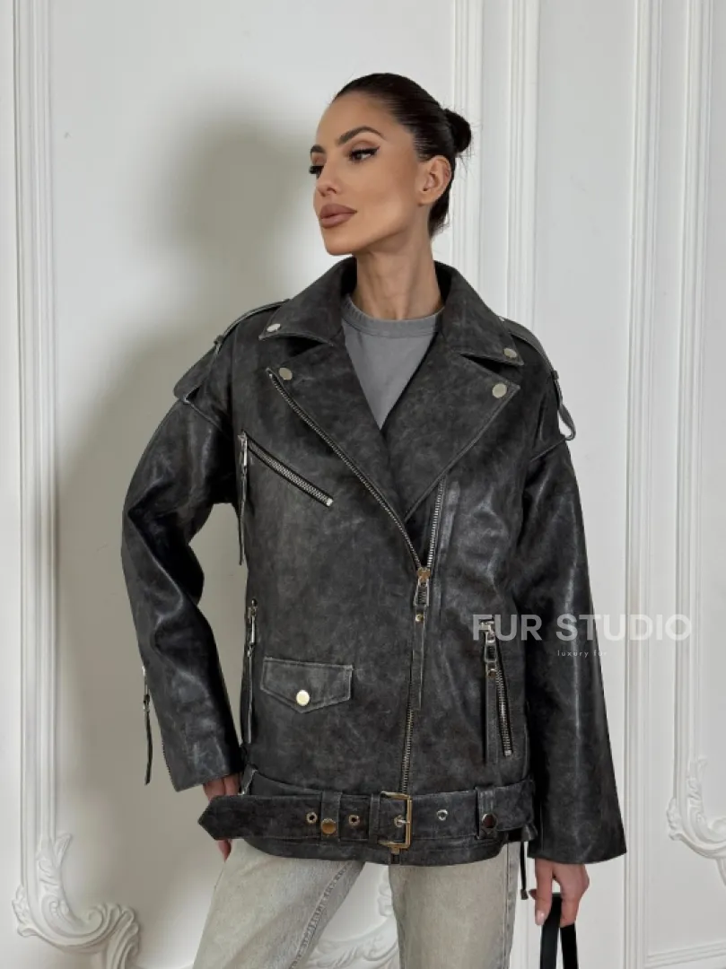 Женская кожаная куртка авиатор со шнуровкой на спине Dark grey