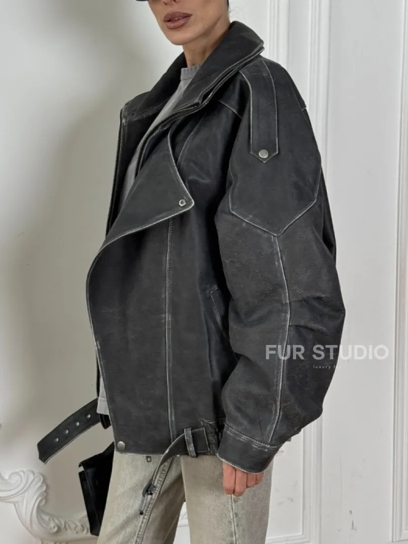 Кожаный женский бомбер Vintage grey с двойным воротником и затертыми швами