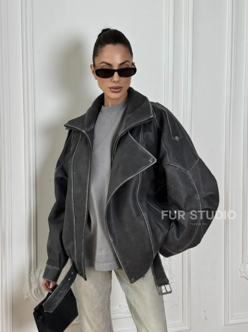 Кожаный женский бомбер Vintage grey с двойным воротником и затертыми швами