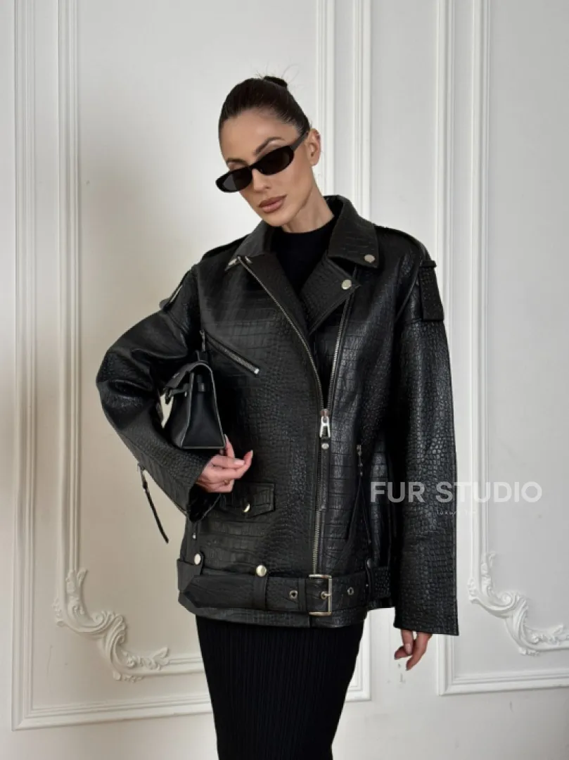 Total black удлиненная женская косуха из натуральной кожи CROCO с косой застежкой-молнией