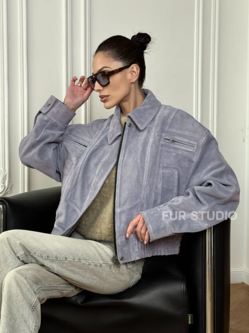 Бомбер - куртка весенняя оверсайз из натуральной кожи (замши) Grey blue