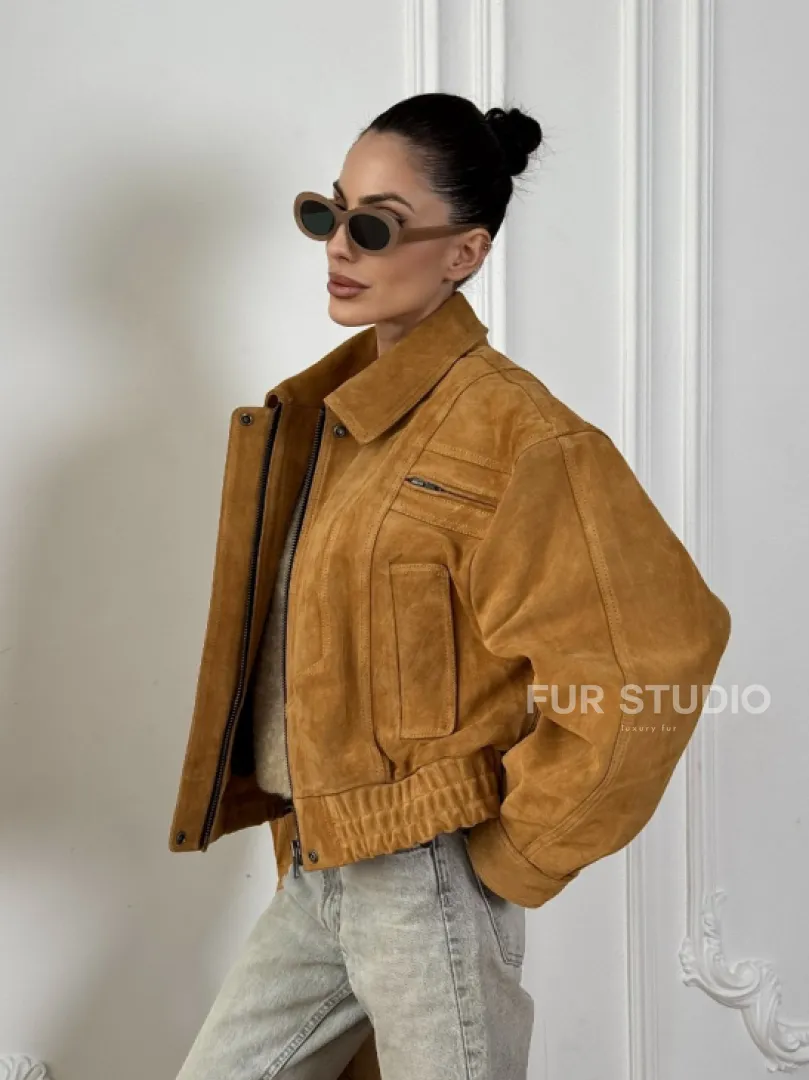 Женская замшевая куртка бомбер Camel  - «High street style»