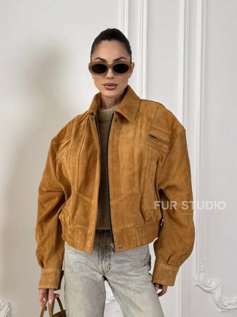 Женская замшевая куртка бомбер Camel  - «High street style»