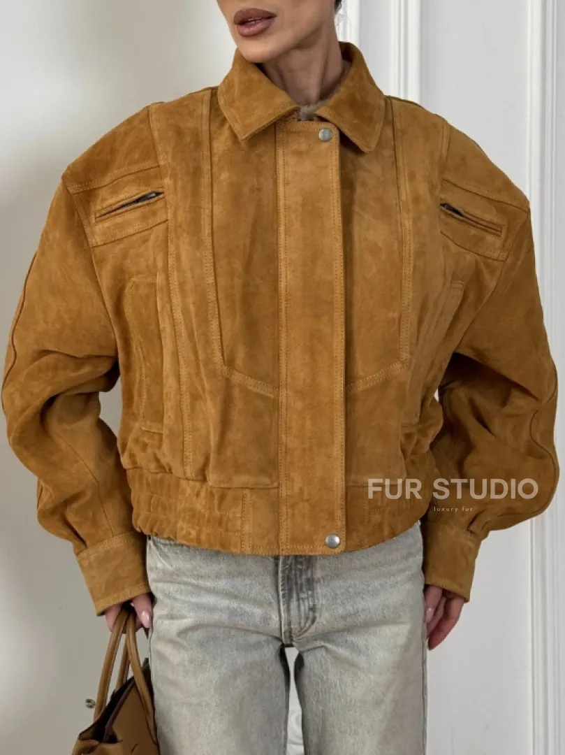 Женская замшевая куртка бомбер Camel  - «High street style»
