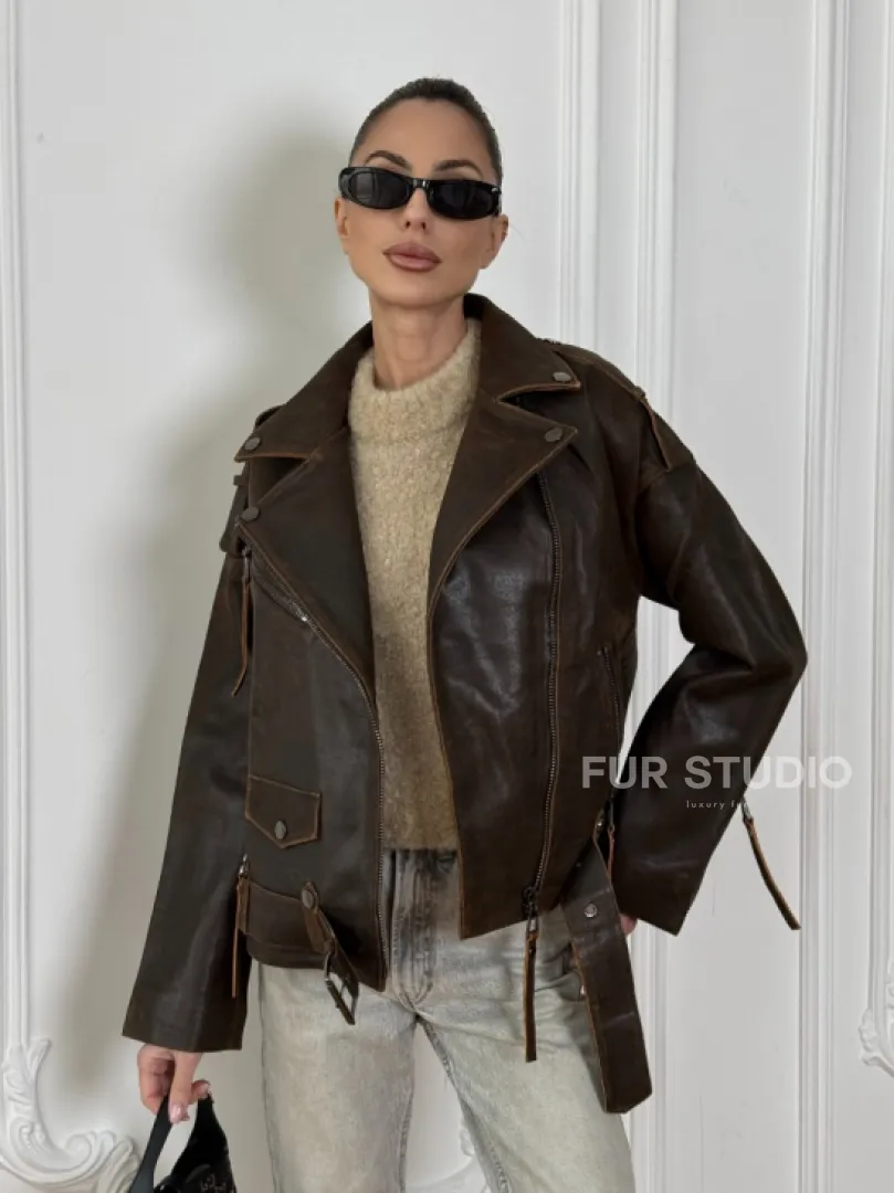 Vintage Brown кожаная куртка - косуха оверсайз с затертыми швами