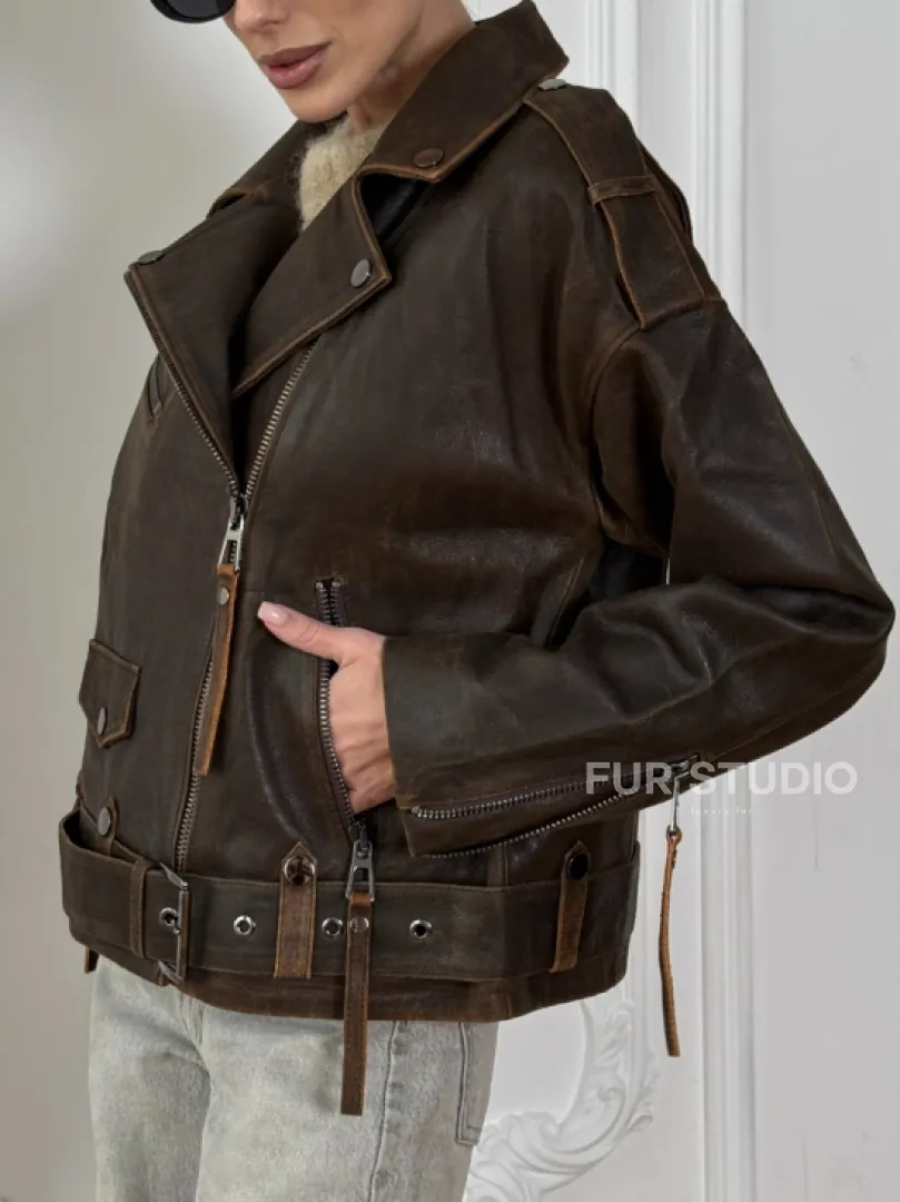 Vintage Brown кожаная куртка - косуха оверсайз с затертыми швами