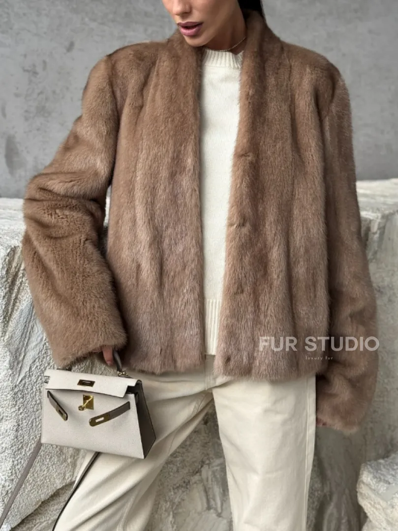 Кроп - жакет из норки Pastel с воротником V-образным 60 см