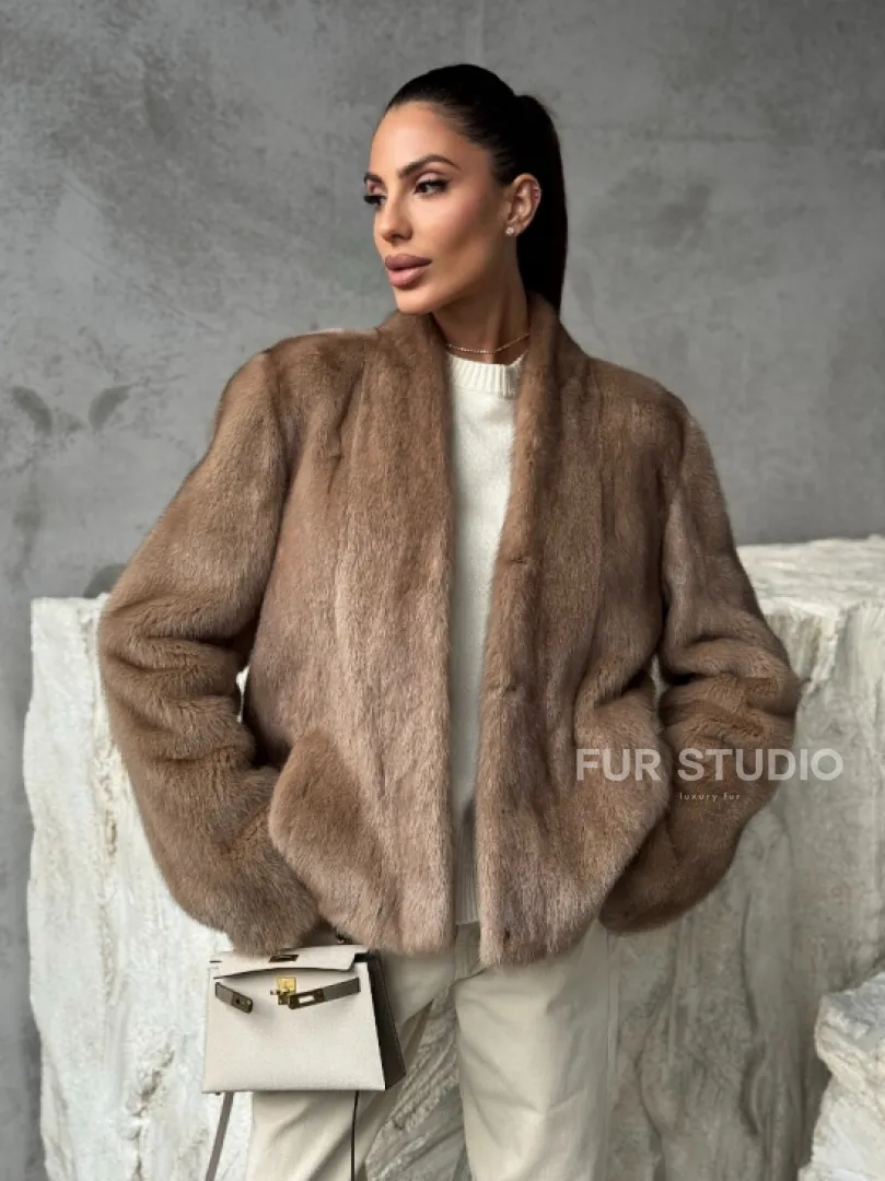 Кроп - жакет из норки Pastel с воротником V-образным 60 см