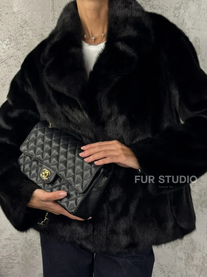 Черный норковый кроп - жакет с английским воротником