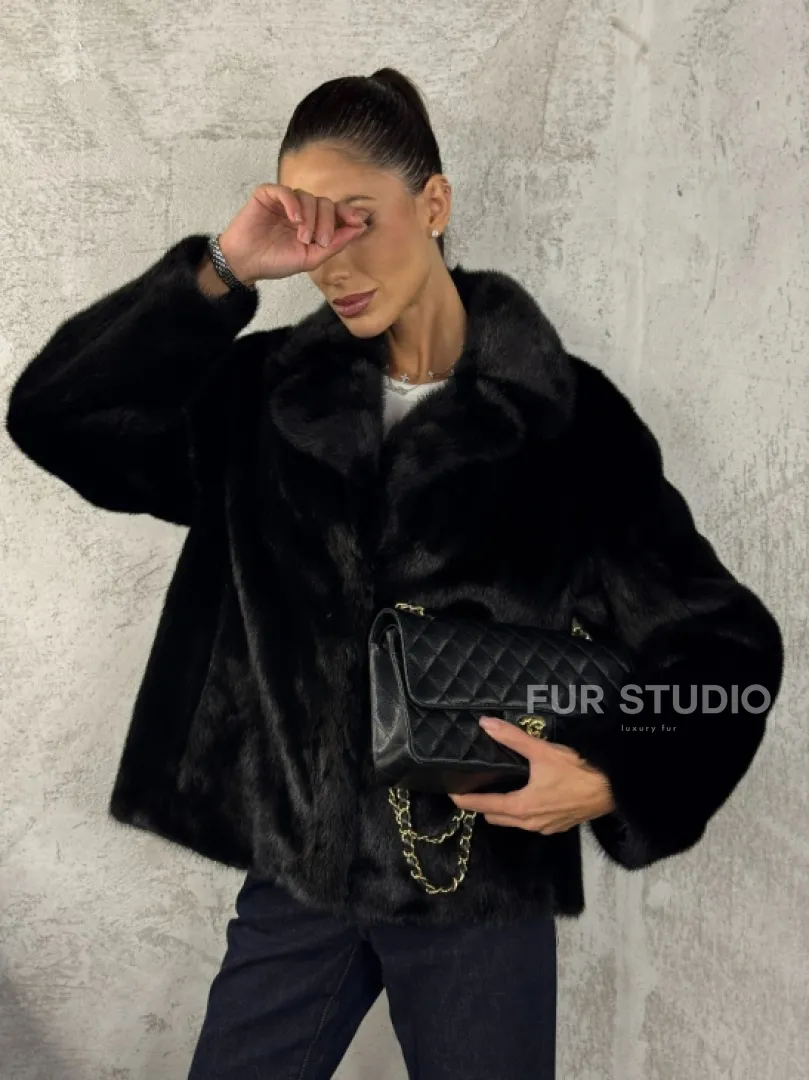 Черный норковый кроп - жакет с английским воротником