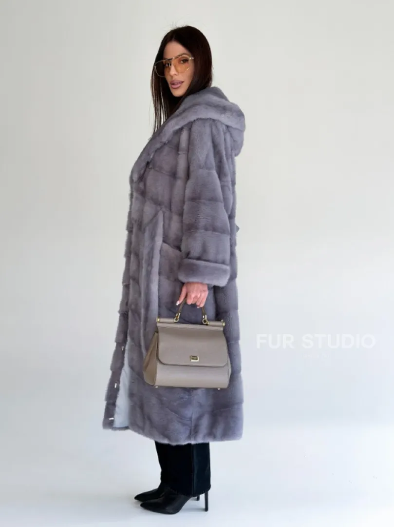 Удлиненная норковая шуба - кимоно с капюшоном