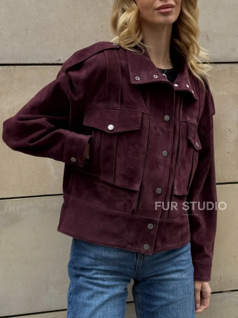 Винтажная женская повседневная куртка из натуральной замши Burgundy