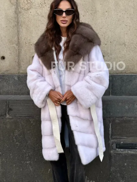 Шуба норковая  - капюшон куница - фото 3