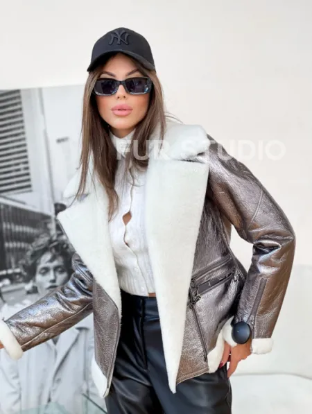 Дубленка овчина короткая - серебро - фото 0