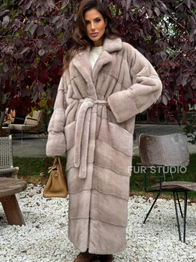 Длинная норковая шуба с поясом