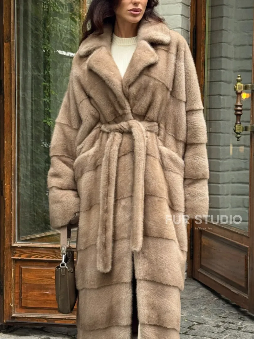 Длинная норковая шуба - цвет пастель