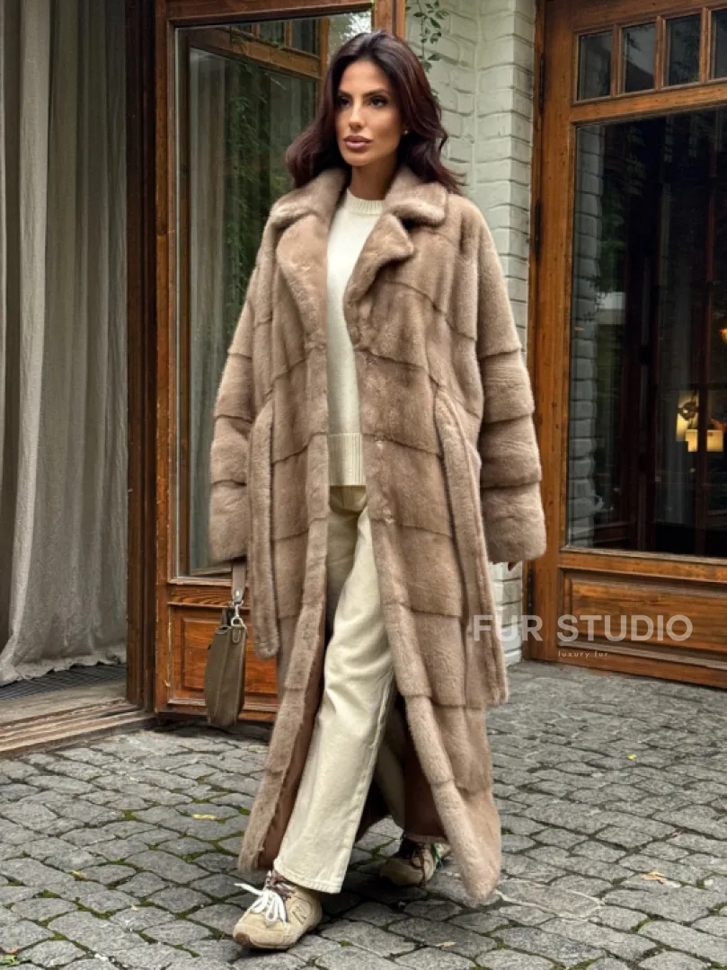 Длинная норковая шуба - цвет пастель