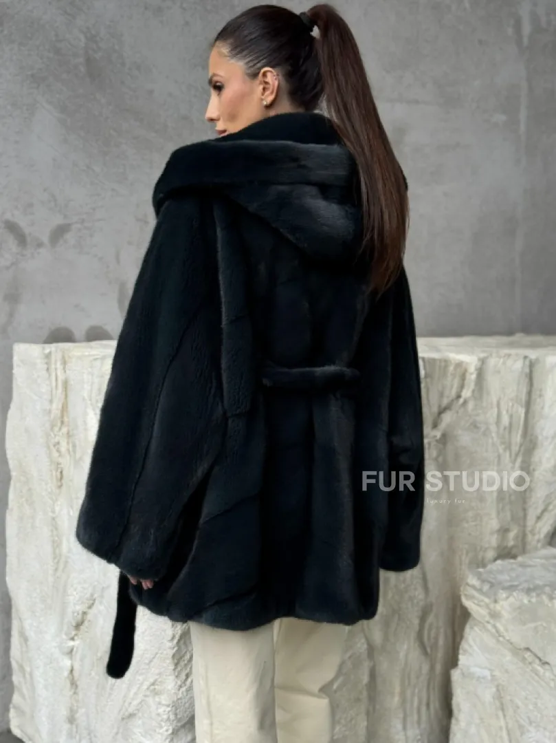 Шуба норковая летучая мышь с капюшоном