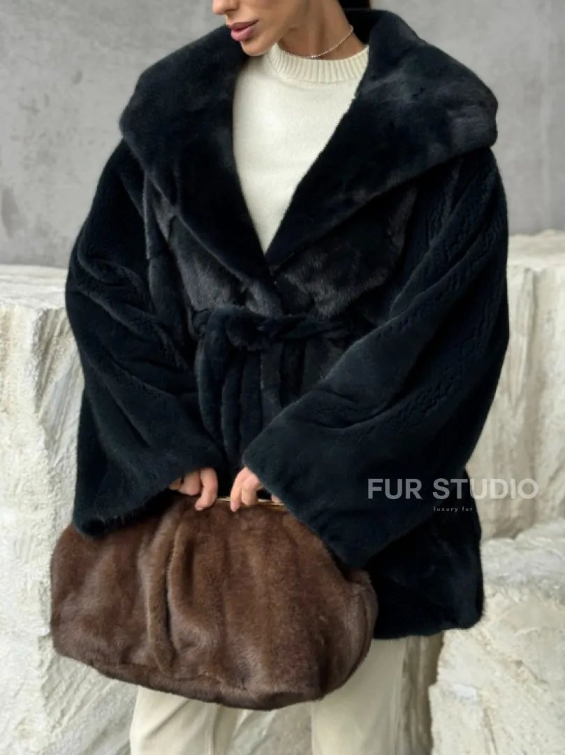 Шуба норковая летучая мышь с капюшоном