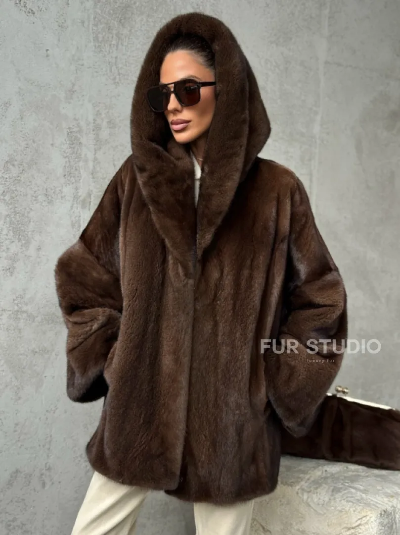 Норковый полушубок с капюшоном - цвет коричневый