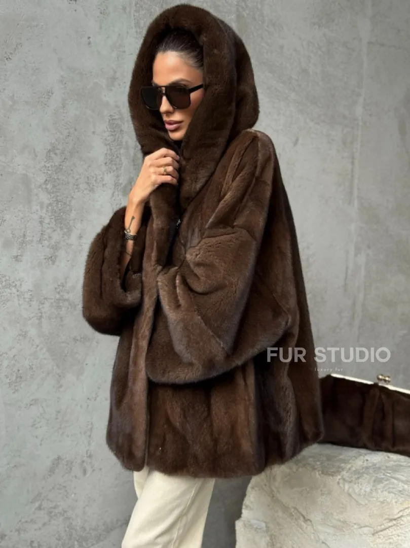 Норковый полушубок с капюшоном - цвет коричневый