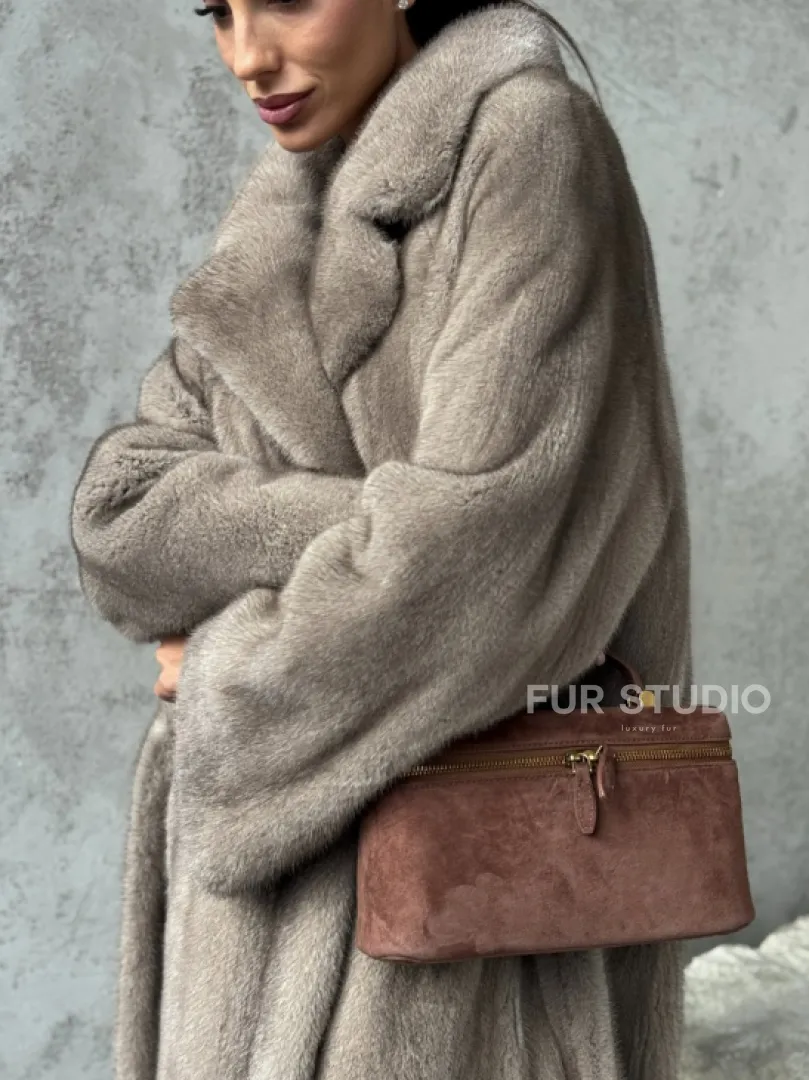 Длинная норковая шуба - цвет серый