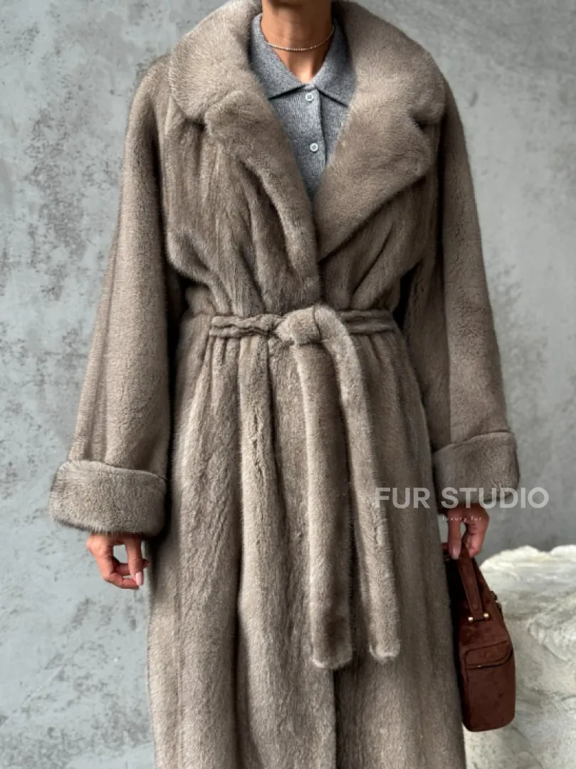 Длинная норковая шуба - цвет серый