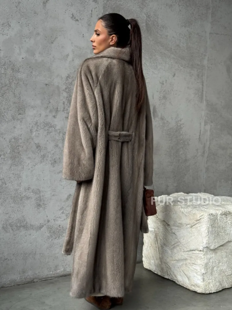 Длинная норковая шуба - цвет серый