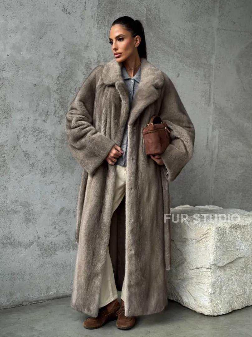 Длинная норковая шуба - цвет серый