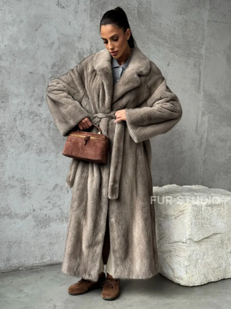 Длинная норковая шуба - цвет серый