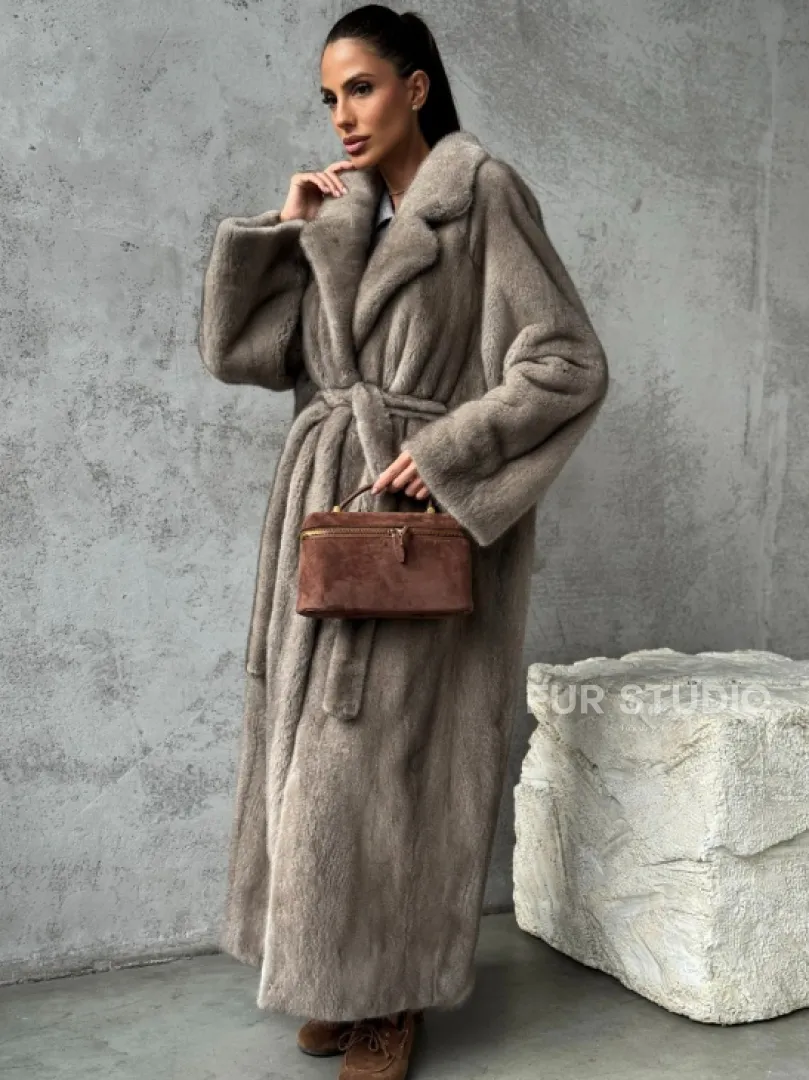 Длинная норковая шуба - цвет серый