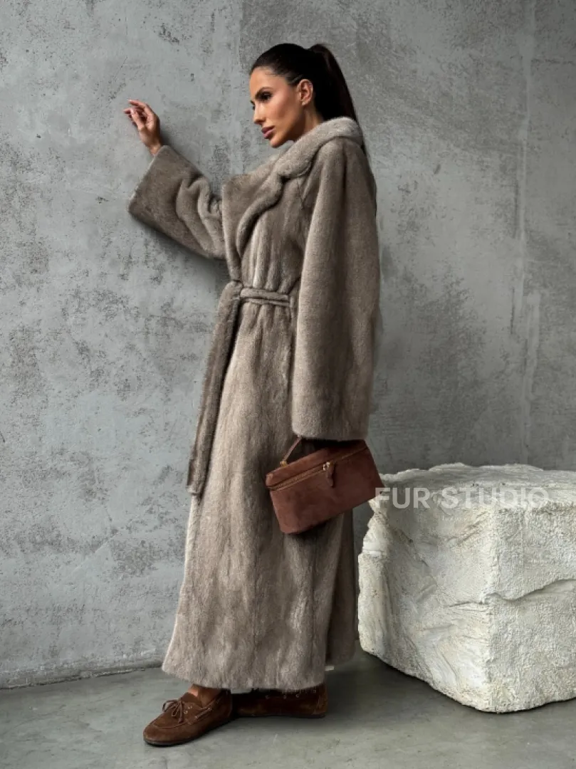 Длинная норковая шуба - цвет серый