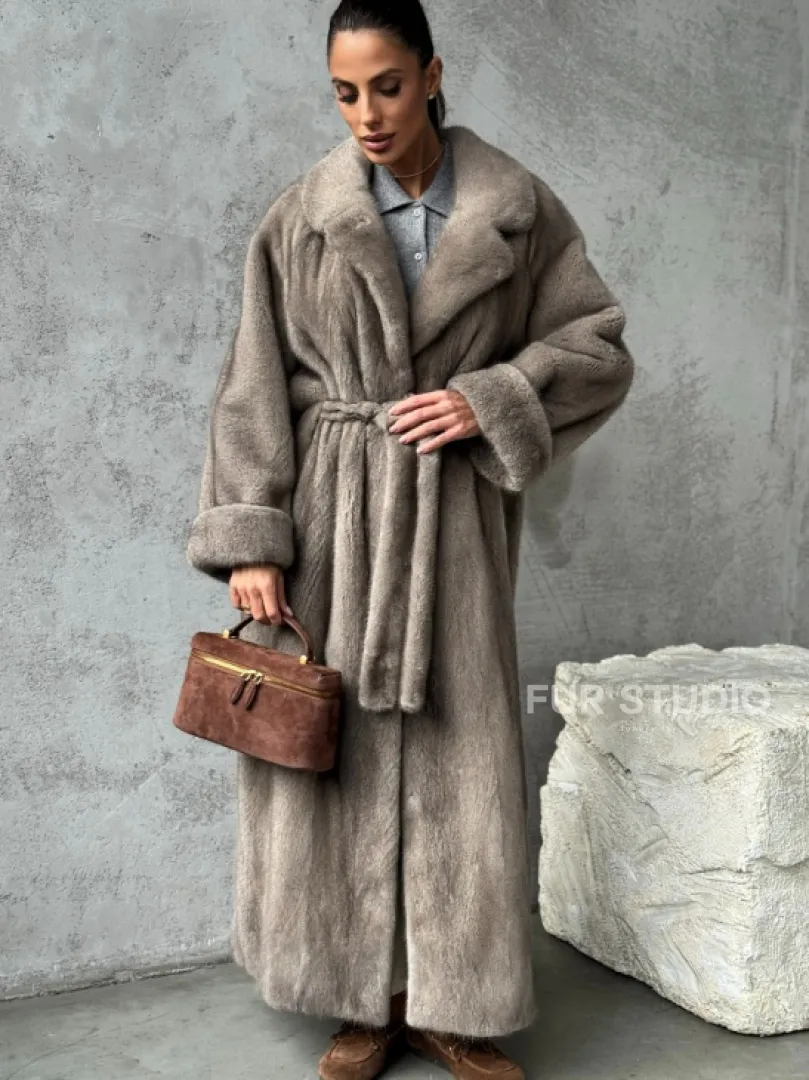 Длинная норковая шуба - цвет серый