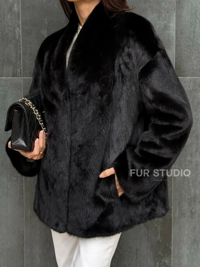 Черный норковый полушубок V-образный воротник