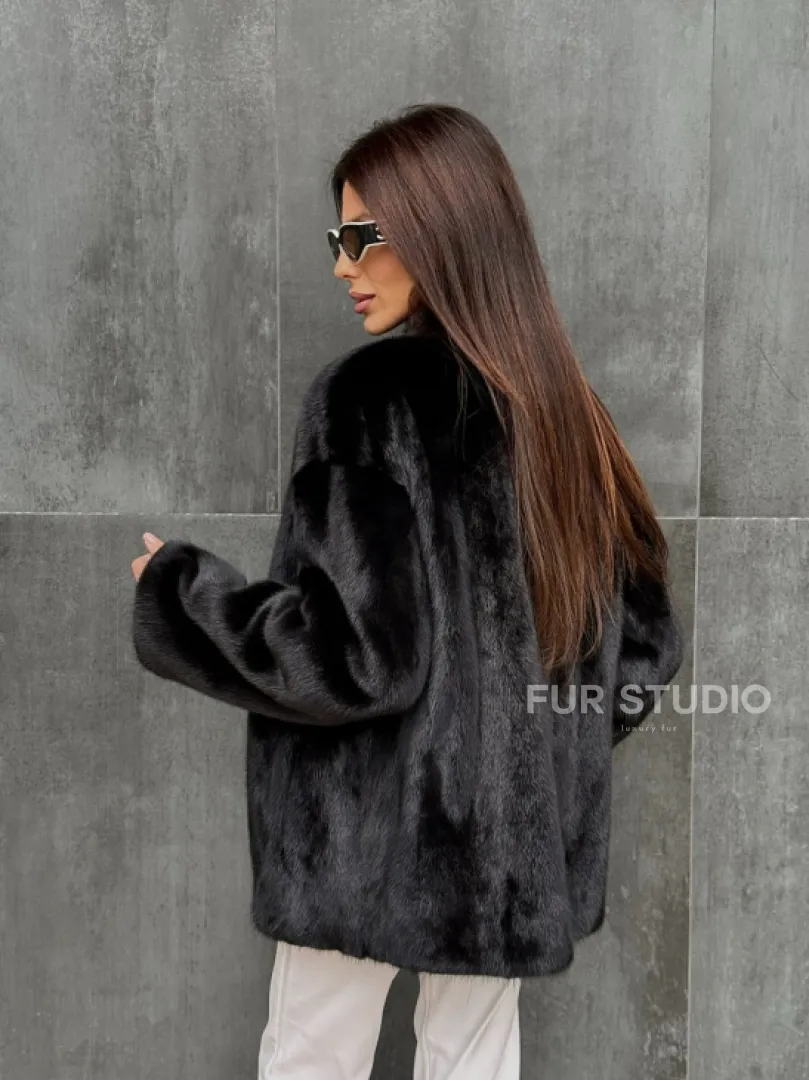 Черный норковый полушубок V-образный воротник