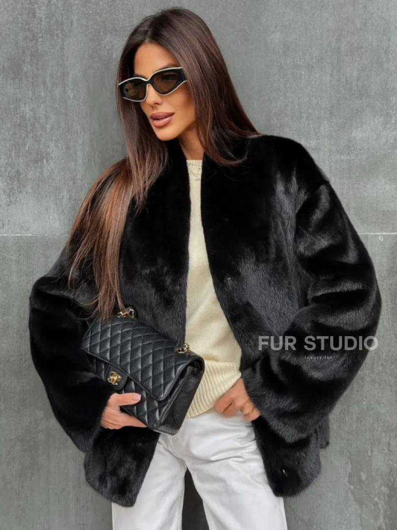 Черный норковый полушубок V-образный воротник